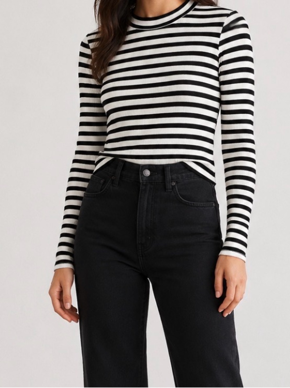 LNA Clothing Ribbed Black White Stripe Stretch Long Sleeve Top